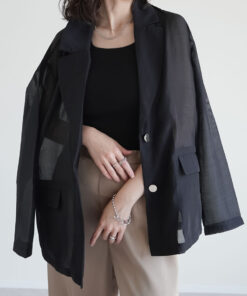 金色纽扣薄纱欧根纱西装外套 女款 春夏外套 外套 西装外套 薄纱 欧根纱 薄纱外套 披肩 金色纽扣 职场休闲 办公室 通勤 透视感 的另一种观点