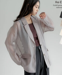 金色纽扣薄纱欧根纱西装外套 女款 春夏外套 外套 西装外套 薄纱 欧根纱 薄纱外套 披肩 金色纽扣 职场休闲 办公室 通勤 透视感