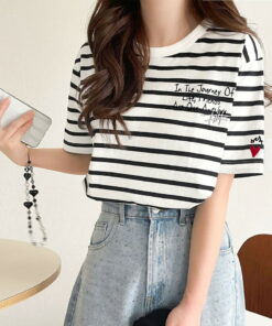 女款T恤 短袖 圆领 涂鸦刺绣 有机棉 100%棉 丝光风格 设计刺绣 平纹面料 条纹 大码 2025SS ce1260396