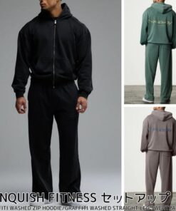 VANQUISH 长袖套装 拉链款 VANQUISH FITNESS GRAFFITI WASHED MUSHROOM ZIP HOODIE STRAIGHT LEG SWEATPANTS 套装 连帽卫衣 运动裤 宽松版 男士 健身服 00572