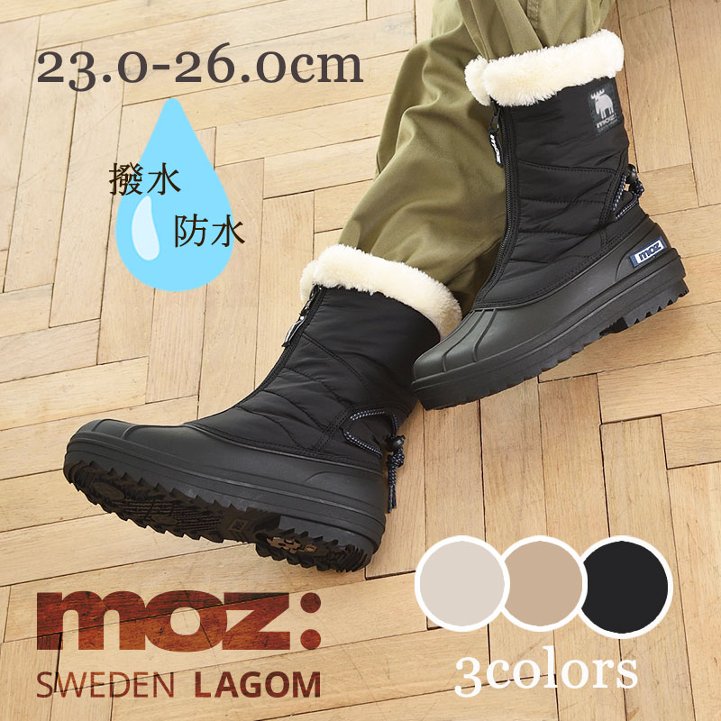 MOZ 女士雪地靴 防泼水 防滑 防水 保暖 雪地 结冰 防滑 易行走 防水 防滑钉 绗缝 毛绒 保暖 拉链 鞋 瑞典风 休闲 平底 黑色 米色 灰米色