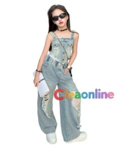 Alternative view of 牛仔舞服 套装 儿童 嘻哈 女童 露脐 吊带背心 破洞牛仔裤 套装 牛仔裤 街头风 女童 爵士舞 团体服 舞蹈服 汇演 啦啦队 个性 可爱 jazz K-POP 时尚 120〜170cm