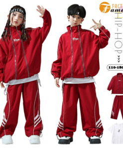 儿童舞蹈服装 嘻哈 HIPHOP 街头风 舞台服装 红色 套装 儿童舞蹈服装 嘻哈 长袖上衣 女童 男童 卫衣 拉链 高领 风衣 松紧下摆 韩版 Y2K 运动服 运动套装 110-180CM