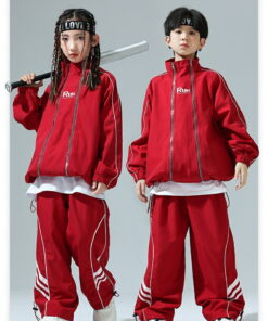 Alternative view of 儿童舞蹈服装 嘻哈 HIPHOP 街头风 舞台服装 红色 套装 儿童舞蹈服装 嘻哈 长袖上衣 女童 男童 卫衣 拉链 高领 风衣 松紧下摆 韩版 Y2K 运动服 运动套装 110-180CM