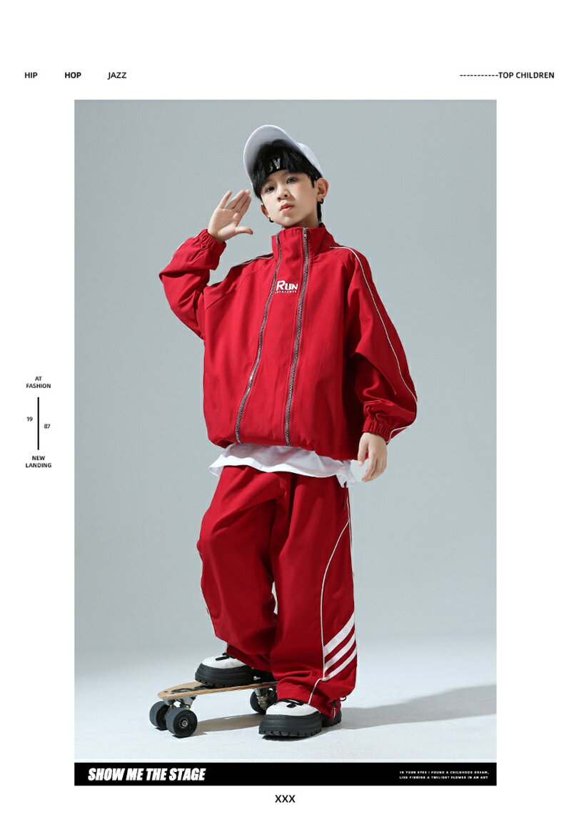 儿童舞蹈服装 嘻哈 HIPHOP 街头风 舞台服装 红色 套装 儿童舞蹈服装 嘻哈 长袖上衣 女童 男童 卫衣 拉链 高领 风衣 松紧下摆 韩版 Y2K 运动服 运动套装 110-180CM - 图片 3