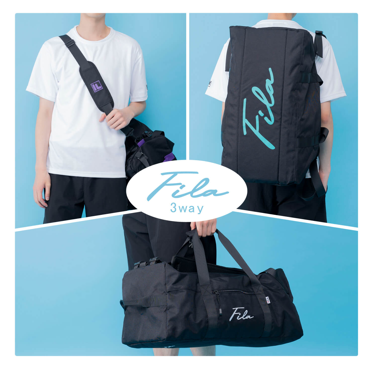 FILA 波士顿包 大容量 约50L 三用包 单肩包 双肩包 轻便 毕业旅行 背包 林间学校 移动课堂 男生 小学生 初中生 高中生 男士 带口袋 社团活动 集训 露营 1-2晚 健身包 运动品牌 标志 黑色 karlas特别定制款 - 图片 2