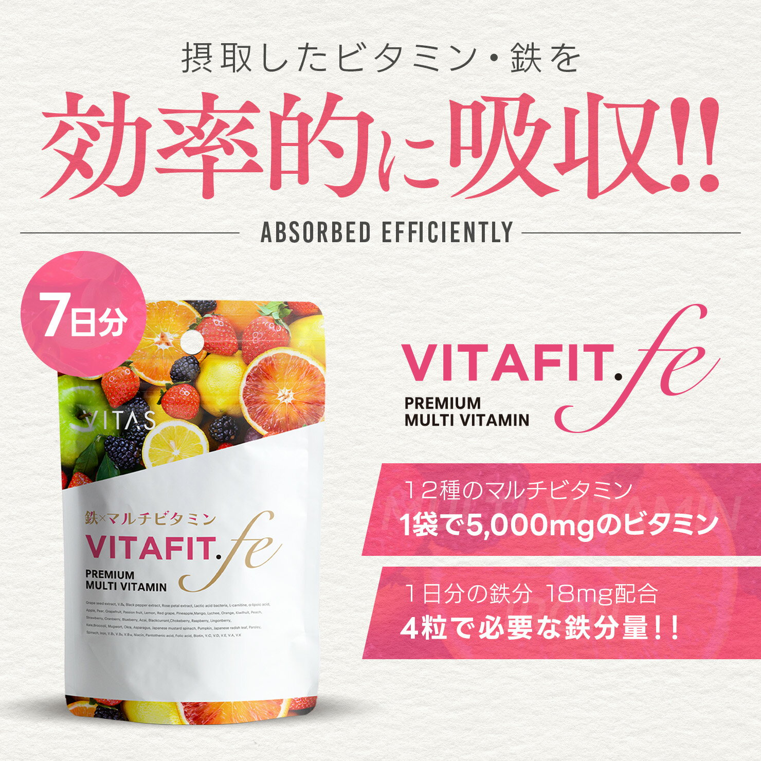 VITAS(维塔斯) VITA FIT.fe 维塔菲特 铁 叶酸 葡萄籽提取物 专为女性设计的复合维生素 营养补充剂 12种营养功能食品 日本制造 - 图片 2
