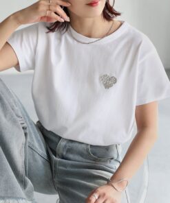 Riberry 心形亮片刺绣修身T恤/100%棉 Riberry 上衣 针织衫·T恤 白色 粉色 黑色 灰色