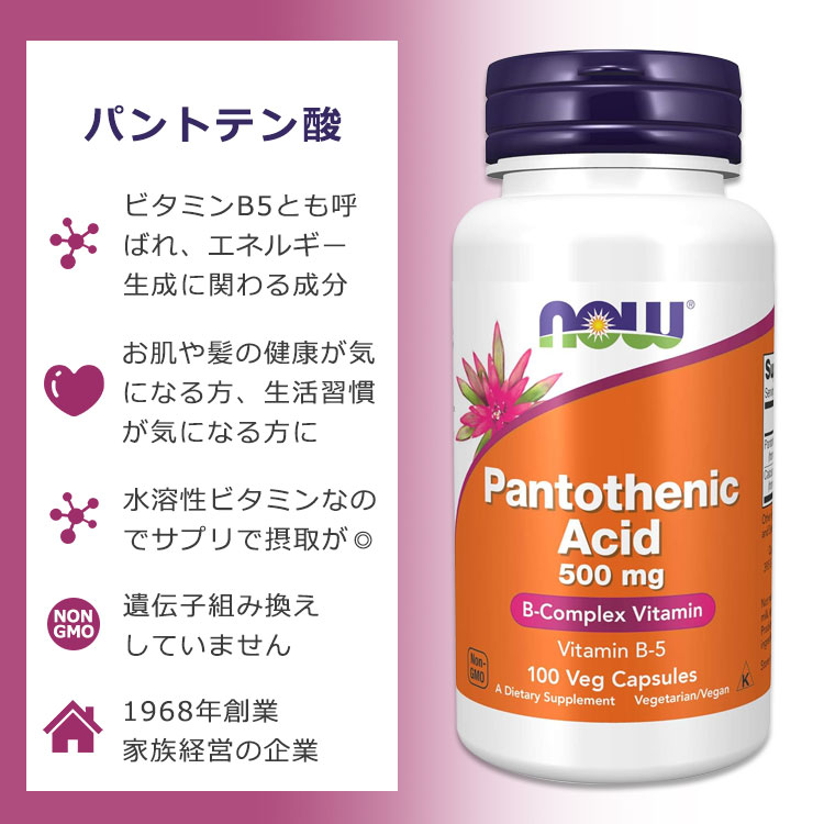 NOW Foods 泛酸 500mg 100粒 植物胶囊 NOW Foods Pantothenic Acid Veg Capsules 维生素B5 水溶性维生素 提供能量 美容辅助 减肥辅助 - 图片 3