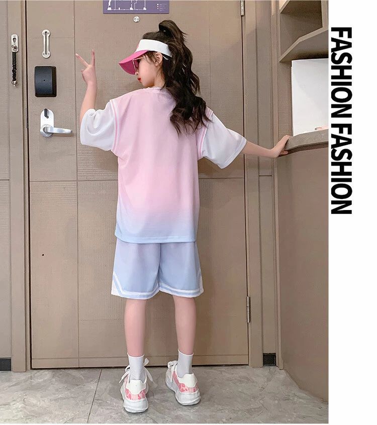 童装 团体服装 篮球服 队服 上下两件套 女童套装 短袖 青少年T恤 短裤 吸汗速干 - 图片 3